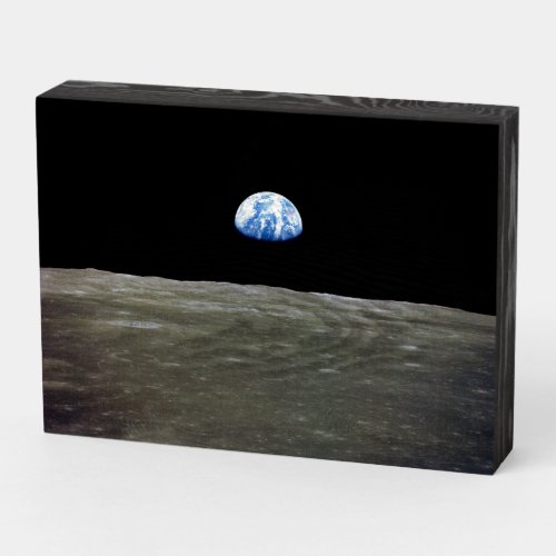 Earth from Moon in Black Space Earthrise Wooden Box Sign