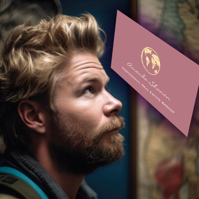 Earth Globe Word Map Travel Agency QR Rose Gold Business Card (Earth Globe Word Map Travel Agency QR Rose Gold Business Card)