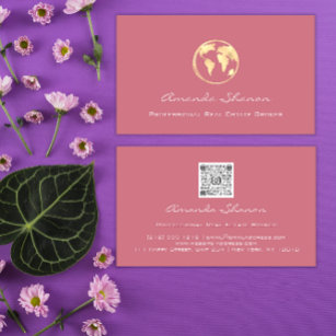 Earth Globe Word Map Travel Agency QRCode Rose Business Card