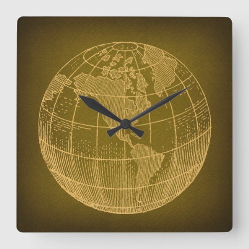 Earth Globe World Map Antique Art Rustic Green Square Wall Clock