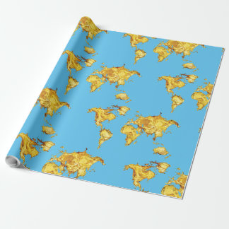 Earth Gold Continents Design Blue Sea Wrapping Paper