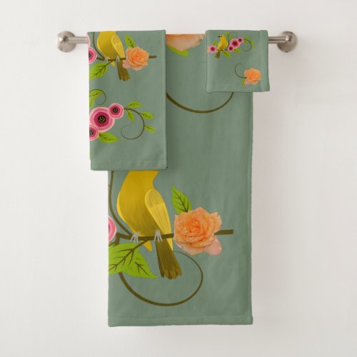 Earth Green _ Bird  Yellow Rose Bath Towel Set