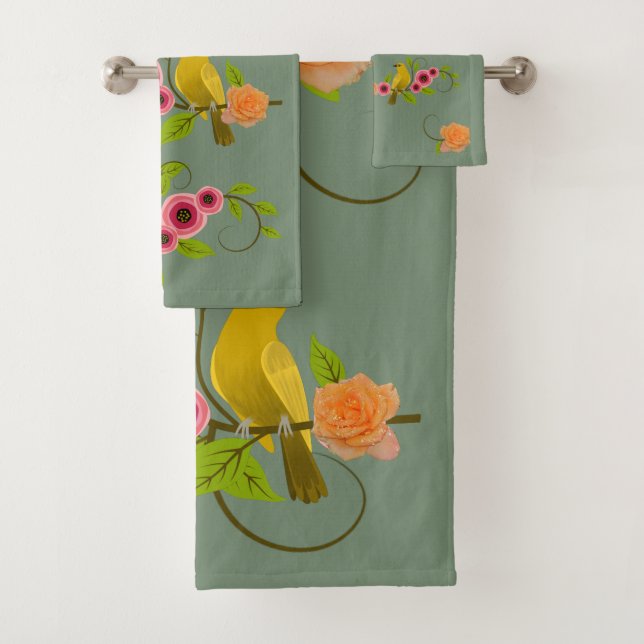 Earth Green - Bird & Yellow Rose Bath Towel Set (Insitu)