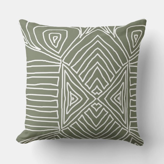 earth green Tribal Maze Mud Cloth Pattern African Throw Pillow (Front)