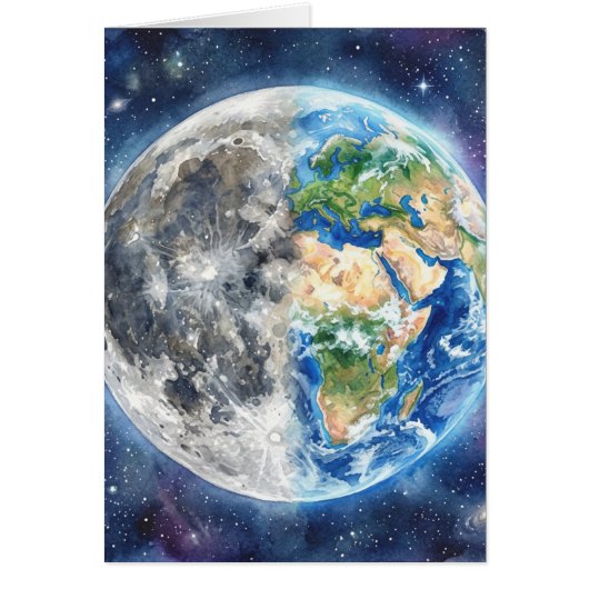 Earth & Moon Watercolor Galaxy Celestial Design Cards (Front)