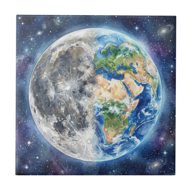 Earth & Moon Watercolor Galaxy Celestial Design Ceramic Tile (Front)