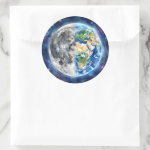 Earth & Moon Watercolor Galaxy Celestial Design Classic Round Sticker