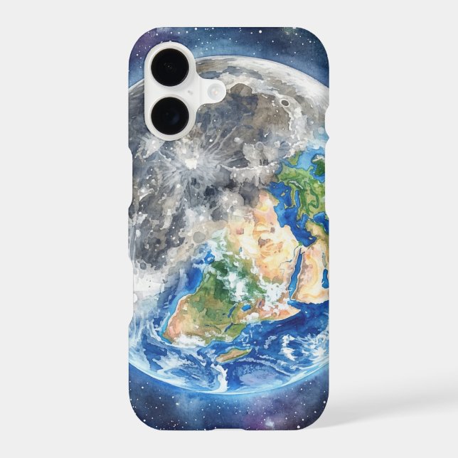 Earth & Moon Watercolor Galaxy Celestial Design iPhone Case (Back)