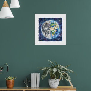 Earth & Moon Watercolor Galaxy Celestial Design Poster