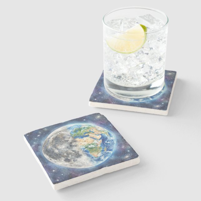 Earth & Moon Watercolor Galaxy Celestial Design Stone Coaster (Side)