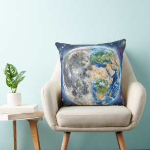 Earth & Moon Watercolor Galaxy Celestial Design Throw Pillow