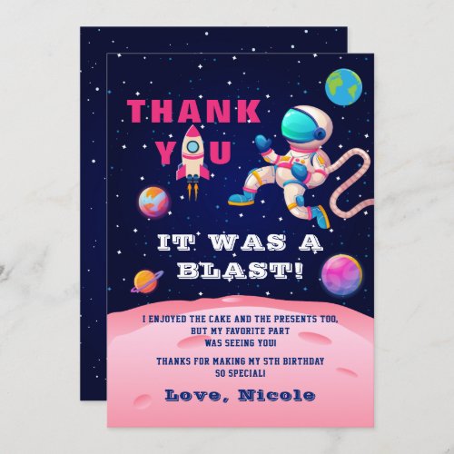 Earth Outer Space Party Pink Astronaut Galaxy Thank You Card