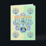 Earth Peace Menorah Chanukah Cards<br><div class="desc">Menorah with peace symbol in earth pattern. Chanukah design. Green and yellow cards -- customize your greeting inside. Inside text reads "Happy Chanukah" -- or you can change to anything you wish. Art on every side.</div>