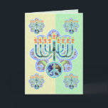 Earth Peace Menorah Chanukah Cards<br><div class="desc">Menorah with peace symbol in earth pattern. Chanukah design. Green and yellow cards -- customize your greeting inside.  Inside text reads "Happy Chanukah" -- or you can change to anything you wish.  Art on every side.</div>