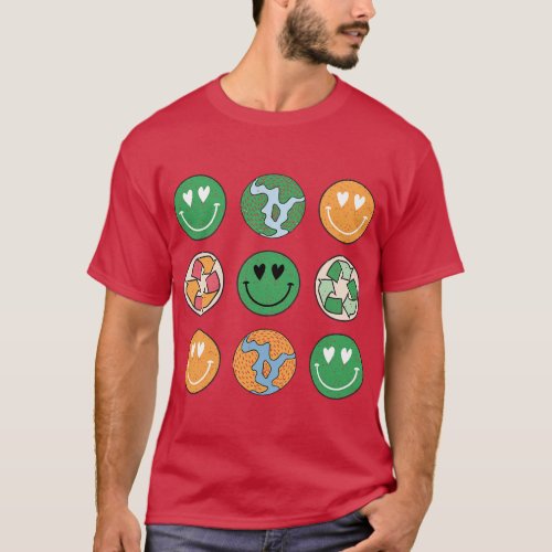 Earth Planet Smile Face Retro Groovy Earth Day Env T_Shirt