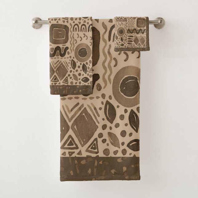 Earth Rhythms- Ethnic African Pattern in Brown Bath Towel Set (Insitu)