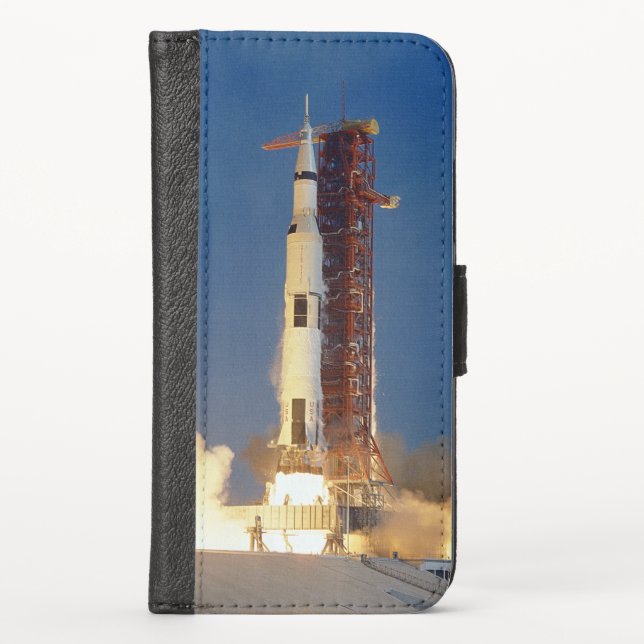 Earth Shakes as Saturn V Blazes Skyward to Moon iPhone Wallet Case (Front)