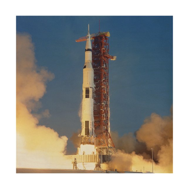 Earth Shakes as Saturn V Blazes Skyward to Moon Wood Wall Art (Front)