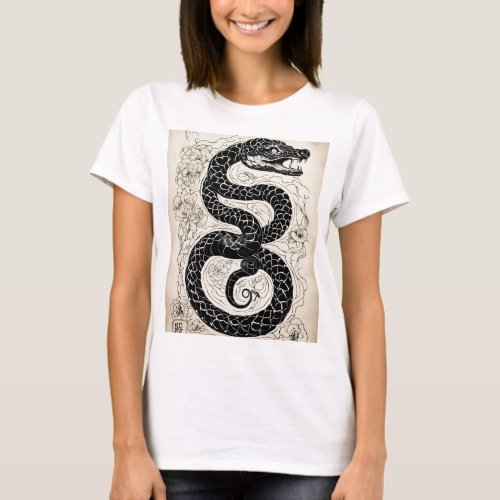 earth snake zodiac Chinese tattoo black and white T_Shirt