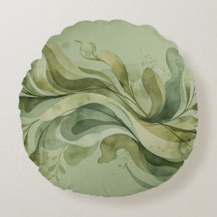 Earth Song Flowing Abstract Sage & Olive Greens Round Pillow