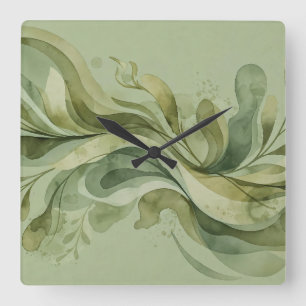 Earth Song Flowing Abstract Sage & Olive Greens Square Wall Clock