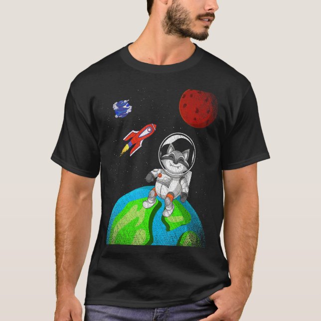 Earth Space Forest Animal Rocket Astronaut Raccoon T-Shirt (Front)