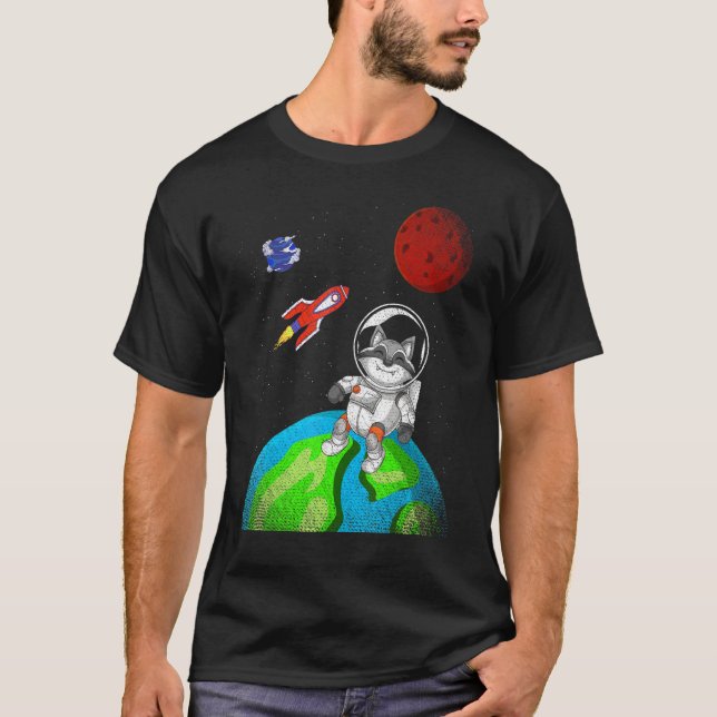 Earth Space Forest Animal Rocket Astronaut Raccoon T-Shirt (Front)