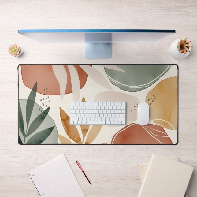 Earth Tone Boho Botanical Abstract Shapes Desk Mat (Office 1)
