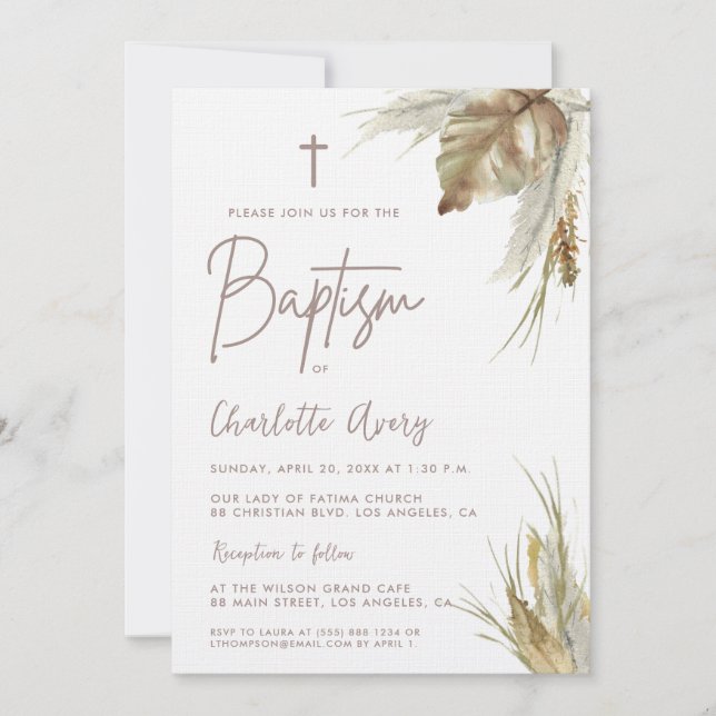 Earth tone Boho Pampas Grass Custom Baptism  Invitation (Front)
