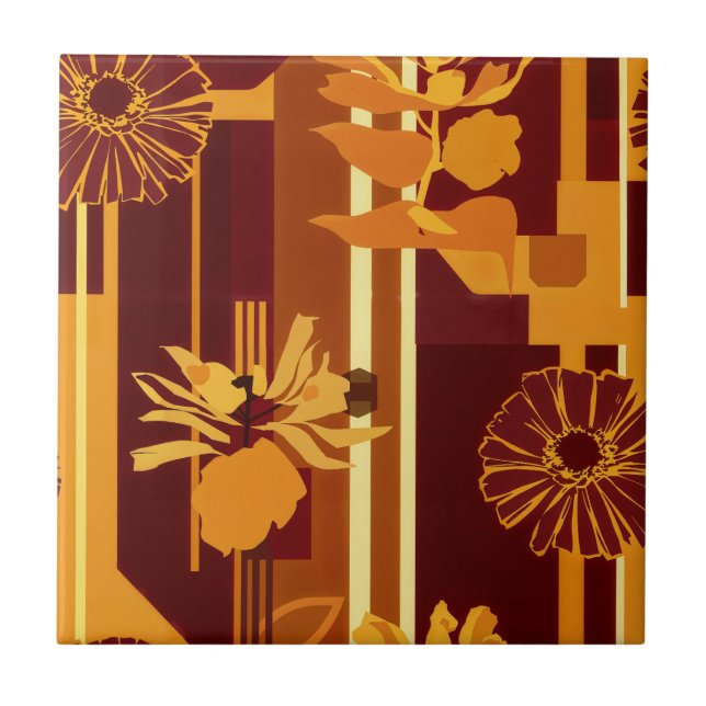 Earth Tone Botanical Floral Pattern Ceramic Tile (Front)