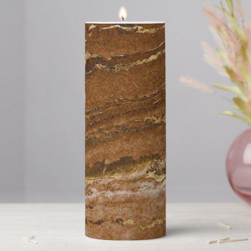 Earth Tone Brown and Gold Abstract Marble Pillar Candle