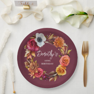 Earth Tone Burgundy Fall Flowers 100th Birthday Paper Plates