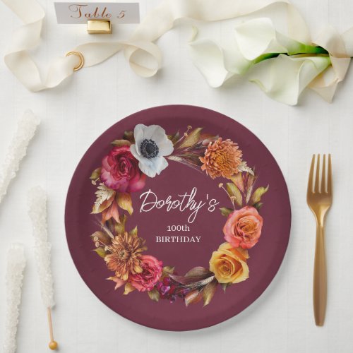 Earth Tone Burgundy Fall Flowers 100th Birthday Paper Plates