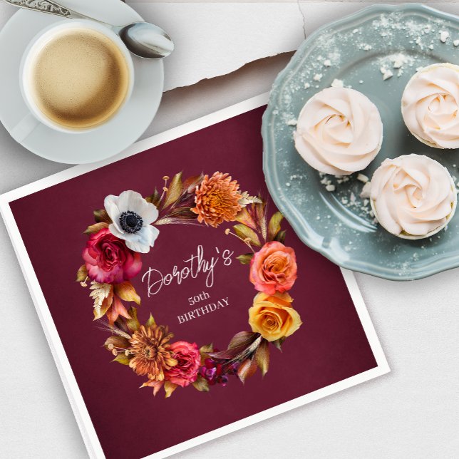Earth Tone Burgundy Fall Flowers 50th Birthday Napkins (Add a personalized napkin to your 50th birthday party table to create a unique experience!)
