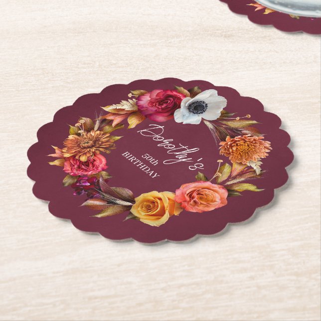 Earth Tone Burgundy Fall Flowers 50th Birthday Paper Coaster (Angled)