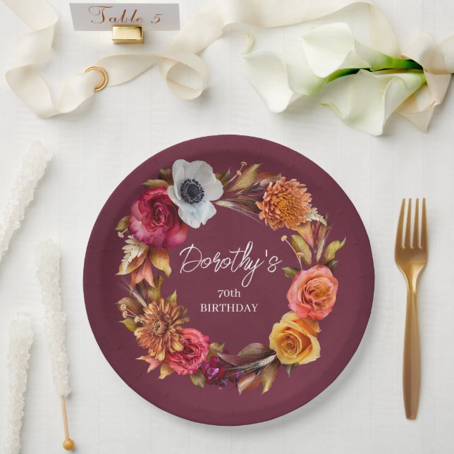 Earth Tone Burgundy Fall Flowers 70th Birthday Paper Plates (Wedding)