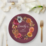 Earth Tone Burgundy Fall Flowers 80th Birthday Paper Plates<br><div class="desc">A beautiful wreath of earth tone flowers surrounds the birthday celebrant's name and birthday. Burgundy red, burnt orange and golden yellow flowers are nestled in fall leaves and foliage. This item is part of the Burgundy Fall Flowers Collection. It contains the invitations and party supplies you need to easily create...</div>
