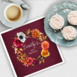 Earth Tone Burgundy Fall Flowers 90th Birthday Napkins<br><div class="desc">A beautiful wreath of earth tone flowers surrounds the birthday celebrant's name and birthday. Burgundy red, burnt orange and golden yellow flowers are nestled in fall leaves and foliage. This item is part of the Burgundy Fall Flowers Collection. It contains the invitations and party supplies you need to easily create...</div>