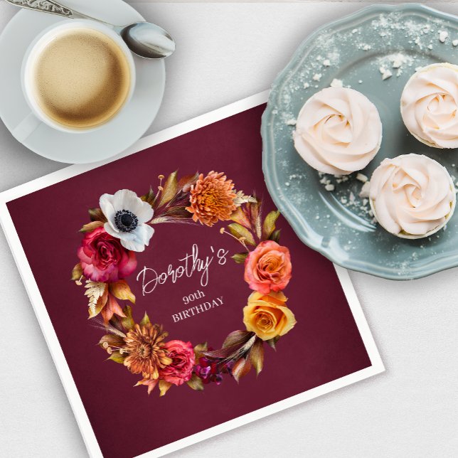 Earth Tone Burgundy Fall Flowers 90th Birthday Napkins (Add a chic touch to your 90th birthday fall party decor with this earth tone floral napkin!)