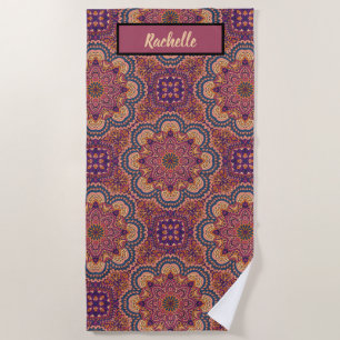 Earth Tone Colored Mandala Pattern Monogrammed Beach Towel