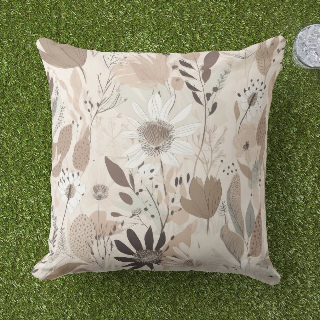 Earth Tone Floral Brown Cream Sage Throw Pillow  (Grass)