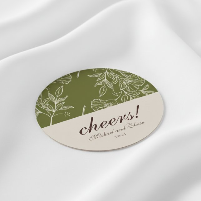 Earth Tone Floral Cheers! Wedding Coaster Favor (Add a stylish touch to your celebration with this Earth Tone Floral “Cheers!” Wedding Coaster Favor!)