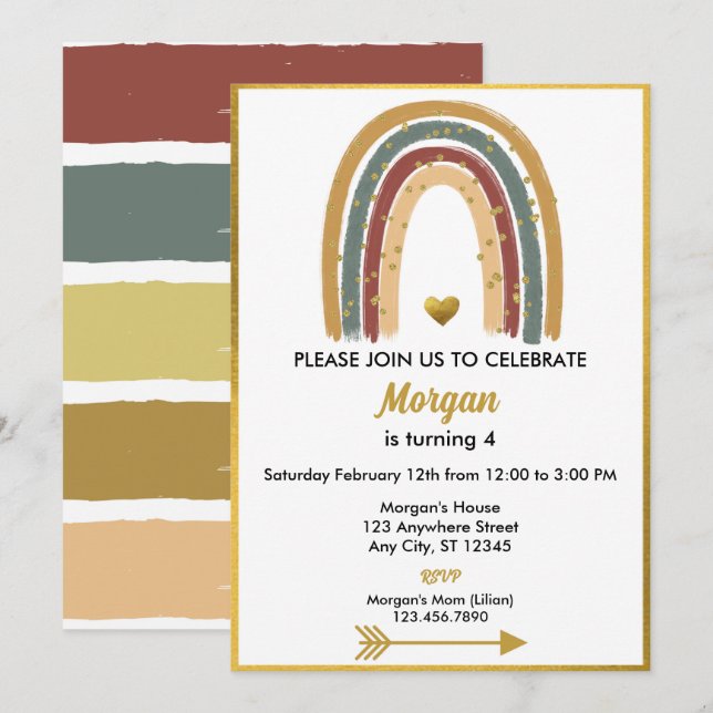 Earth Tone Golden Glitter Boho Rainbow Birthday Invitation (Front/Back)