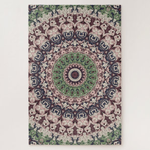 Earth Tone Green and Brown Mandala Pattern Jigsaw Puzzle