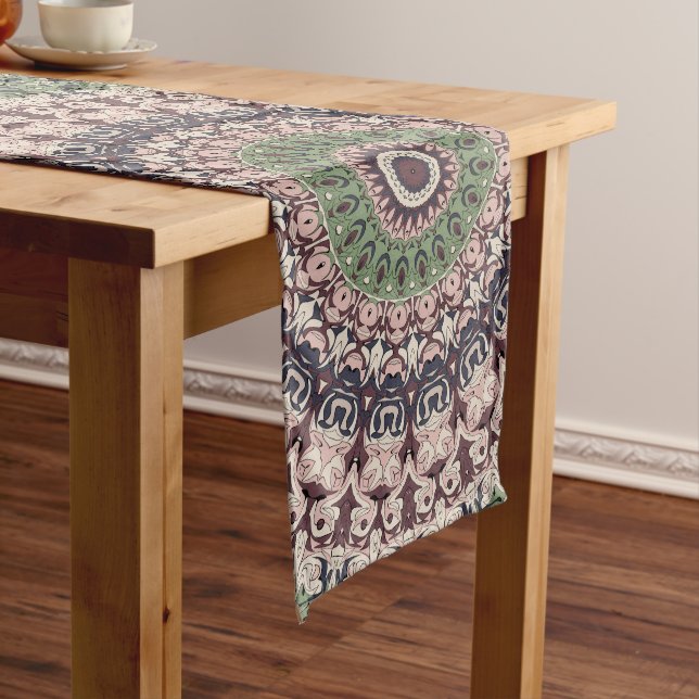 Earth Tone Green and Brown Mandala Pattern Long Table Runner (In Situ)