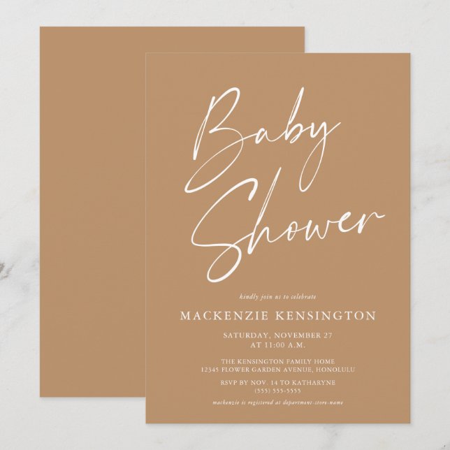 Earth Tone Modern Minimalist Script Baby Shower Invitation (Front/Back)