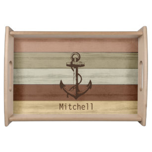 Earth Tone Nautical Weathered Wood Anchor Serving Tray