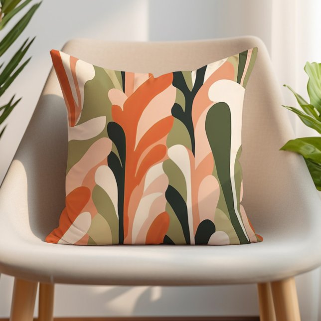 Earth Tone Olive Green Pink Sand Orange Abstract Throw Pillow (Green, orange, and sand abstract decorator pillow)