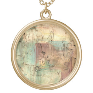 Earth Tone Painting with Cracked Surface Gold Plated Necklace