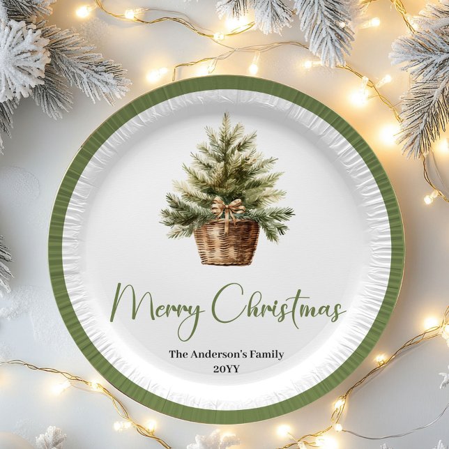 Earth Tone Scandinavian Christmas Custom Family  Paper Plates (Modern Neutral Christmas Personalized Name Plates)